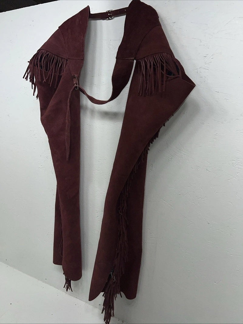 New Burgundy Congress Leather Show Chaps With Fringe Adjustable Waist 42” L N-41