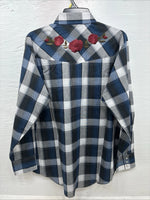 New Men’s ELY Cattleman Blue Grey Plaid Long Sleeve Pearl Snap Large AA-19