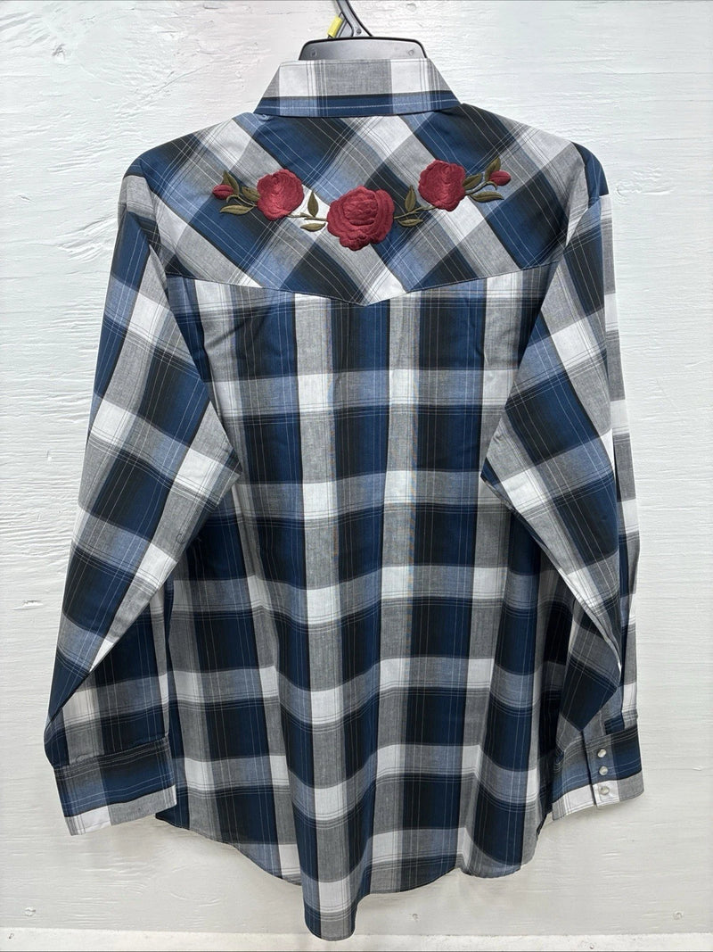 New Men’s ELY Cattleman Blue Grey Plaid Long Sleeve Pearl Snap Large AA-19
