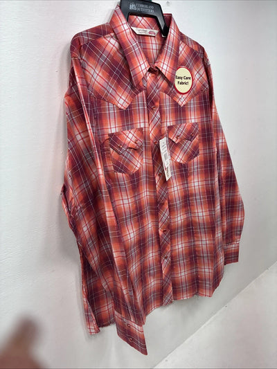 New Women’s Cumberland Pink orange Plaid Long Sleeve Pearl Snap XL GG-61