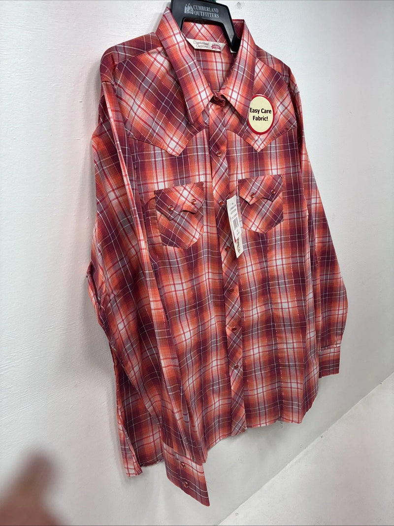 New Women’s Cumberland Pink orange Plaid Long Sleeve Pearl Snap XL GG-61