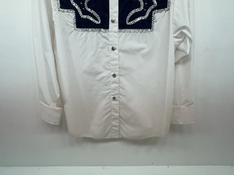 New Women’s Blue White & Bling H Bar C Long Sleeve Button Up Shirt #20119 3B-40