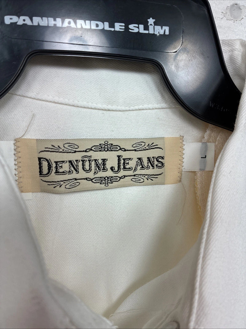 New Women’s Denim Jeans White Short Sleeve Button Up Large MM-136