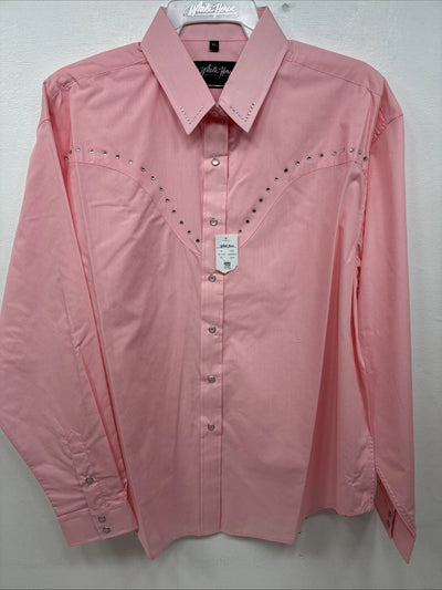 New Women’s White Horse Pink Gem Long Sleeve Pearl Snap XL GG-70