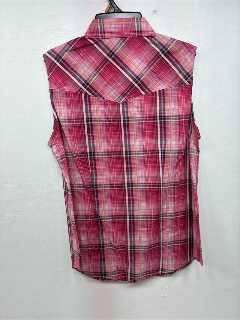 New Women’s Cumberland Pink Plaid Short Sleeve Pearl Snap Medium LL-48