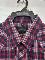 New Men’s White Horse Red Navy Blue Plaid Long Sleeve Pearl Snap XL H-78