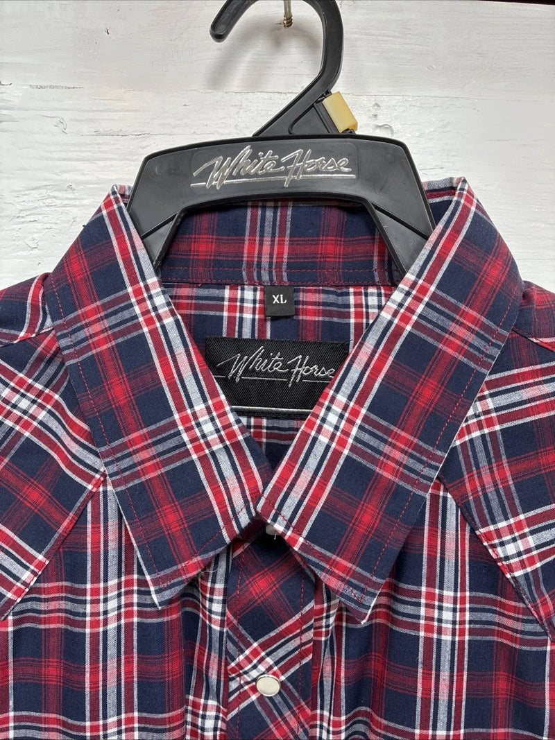 New Men’s White Horse Red Navy Blue Plaid Long Sleeve Pearl Snap XL H-78