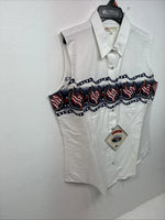 New Women’s Cumberland White Flag Design Short Sleeve Pearl Snap Medium LL-84