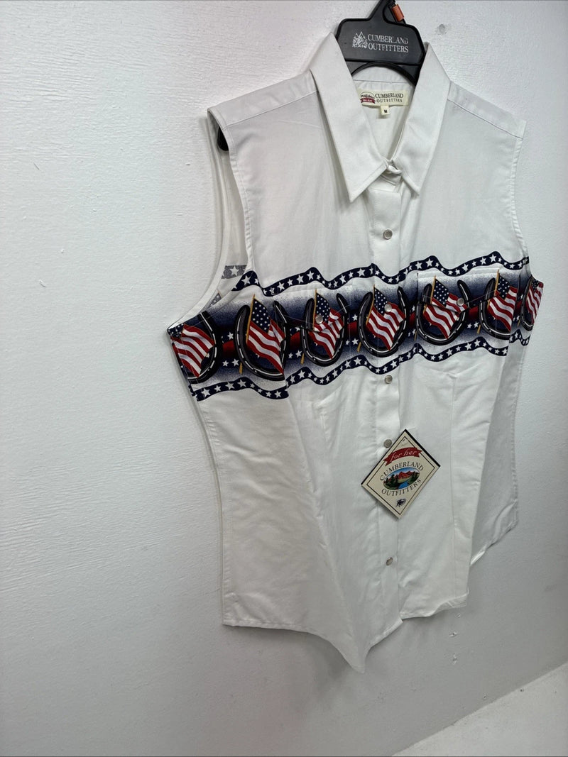 New Women’s Cumberland White Flag Design Short Sleeve Pearl Snap Medium LL-84