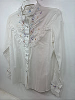 New Women’s American Rodeo White Embroidered Long Sleeve Pearl Snap 14 YY-133