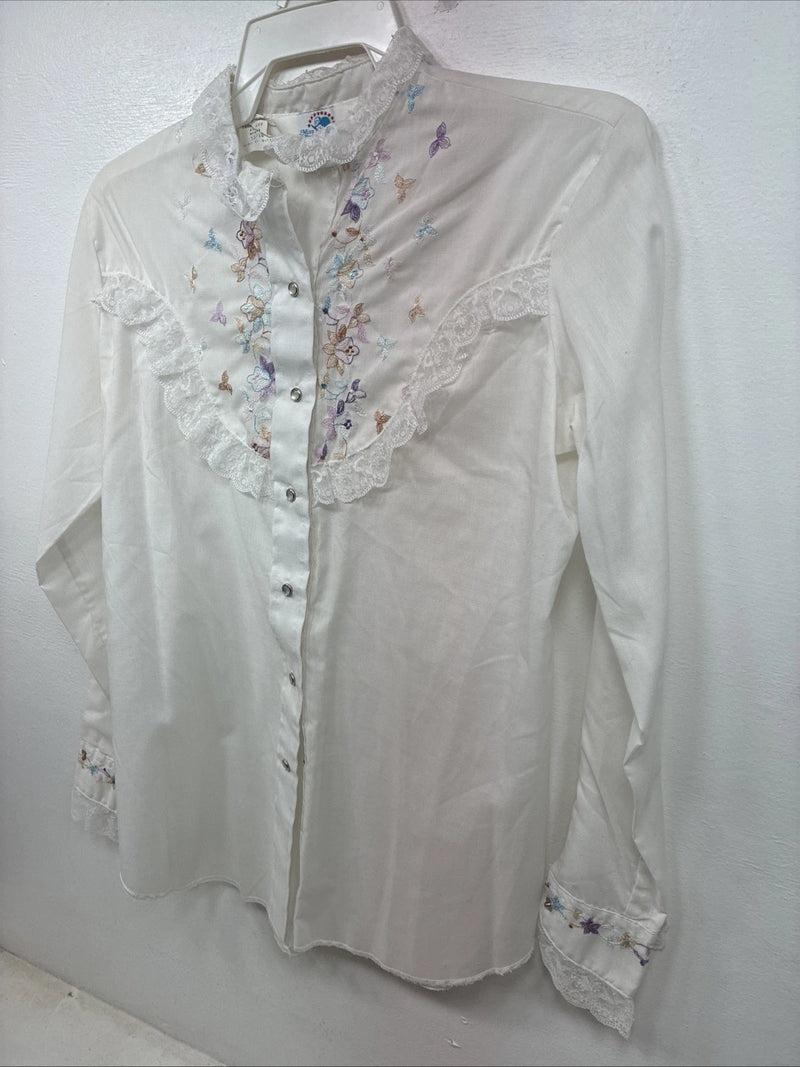 New Women’s American Rodeo White Embroidered Long Sleeve Pearl Snap 14 YY-133