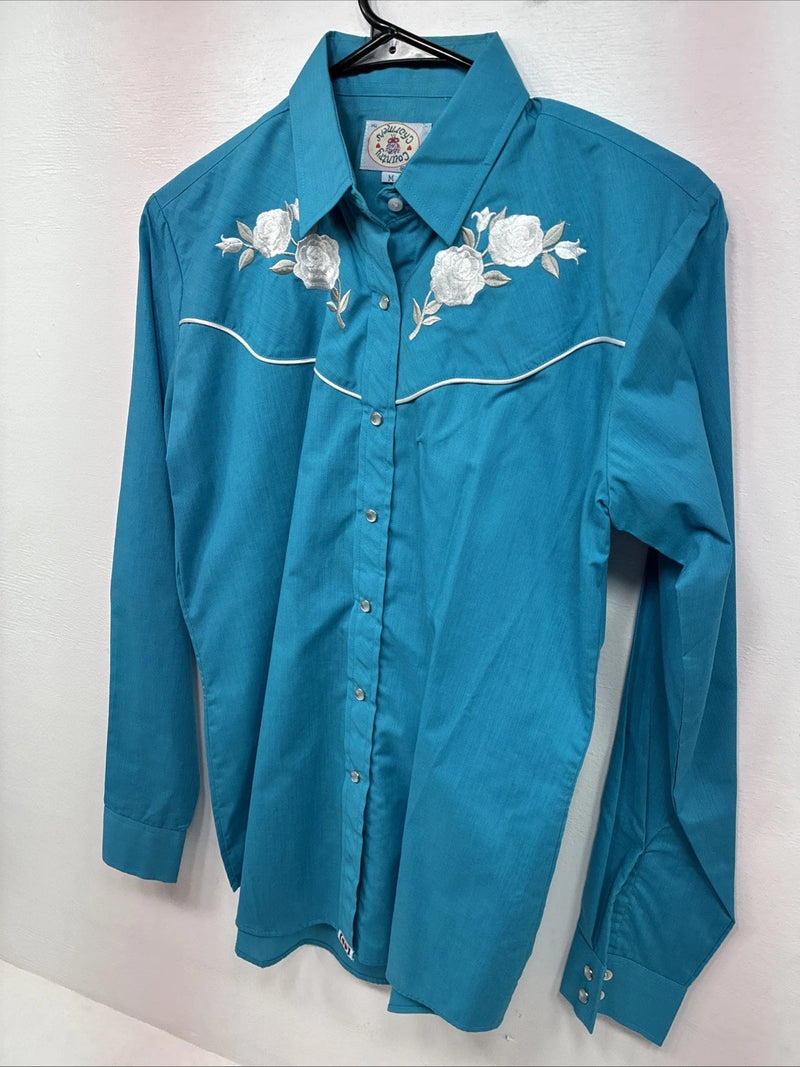 New Women’s Country Charmers Teal Rose Like Sleeve Pearl Snap Medium DD-143