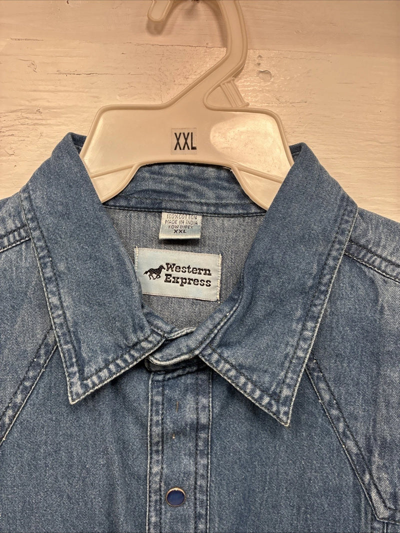 New Men’s Western Express Blue Jean Shirt Long Sleeve Pearl Snap 2XL H-25