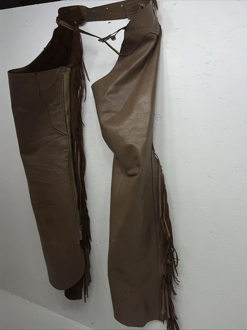 NOS Brown Show Chaps With Fringe Adjustable Waist 33” I-64