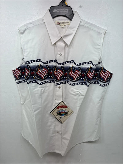 New Women’s Cumberland White Flag Design Short Sleeve Pearl Snap Large II-67