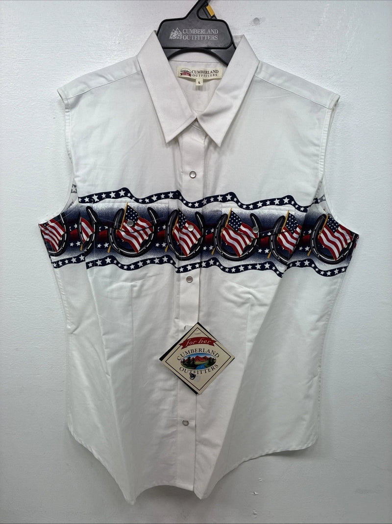 New Women’s Cumberland White Flag Design Short Sleeve Pearl Snap Large II-67