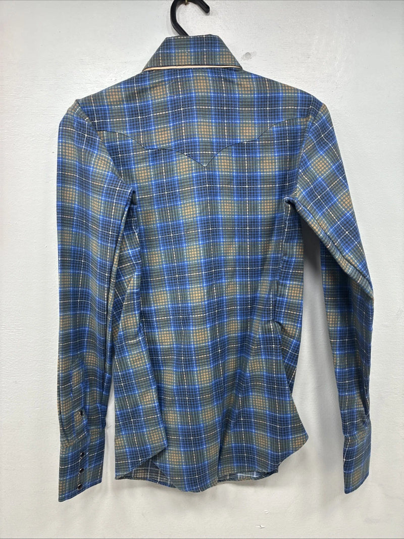 New Women’s Panhandle Slim Blue Plaid Long Sleeve Pearl Snap Size 30 KK-91