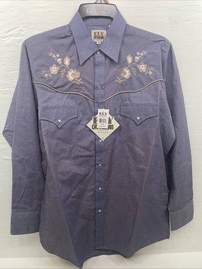 New Men’s ELY Cattleman Blue Long Sleeve Pearl Snap Medium B-123