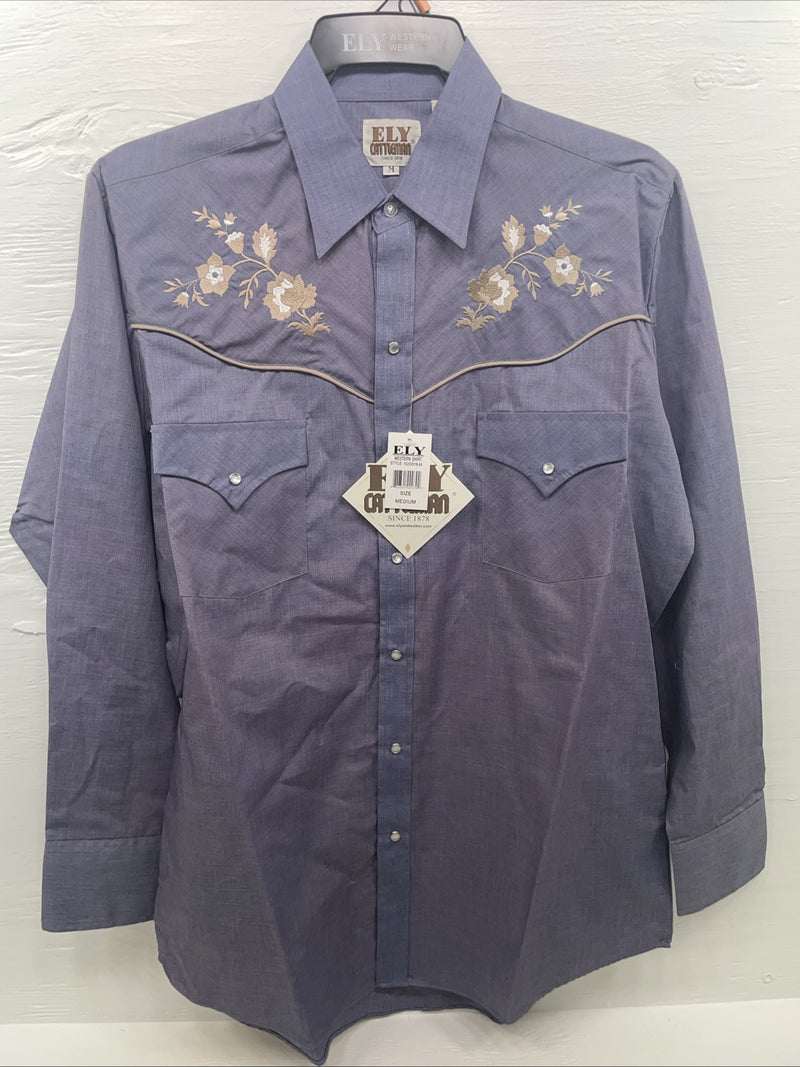 New Men’s ELY Cattleman Blue Long Sleeve Pearl Snap Medium B-123