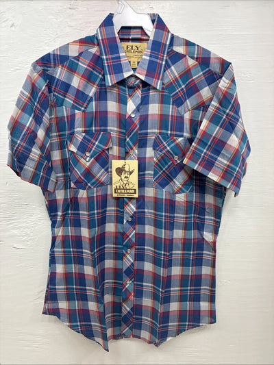 New Men’s ELY Cattleman Purple Plaid Short Sleeve Pearl Snap Medium CC-15