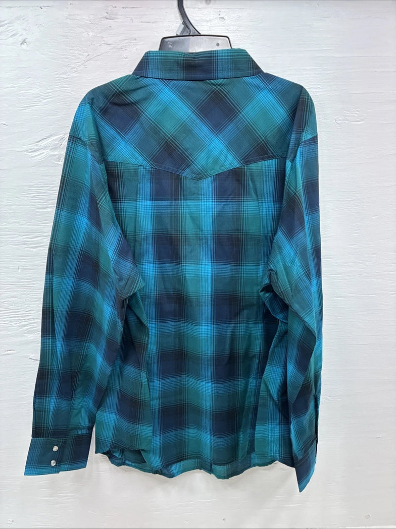 New Women’s Cumberland Blue Plaid Long Sleeve Pearl Snap 3XL Plus DD-15