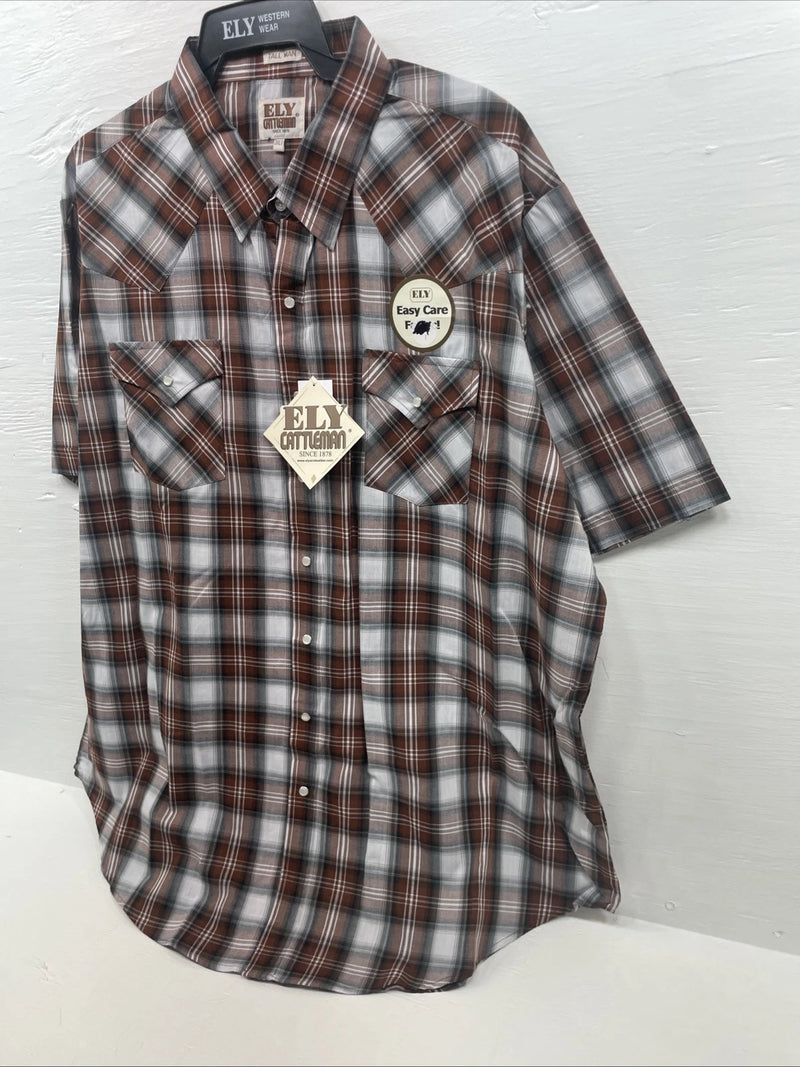 New Men’s ELY Cattleman Orange Short Sleeve Pearl Snap 3XL E-28  
