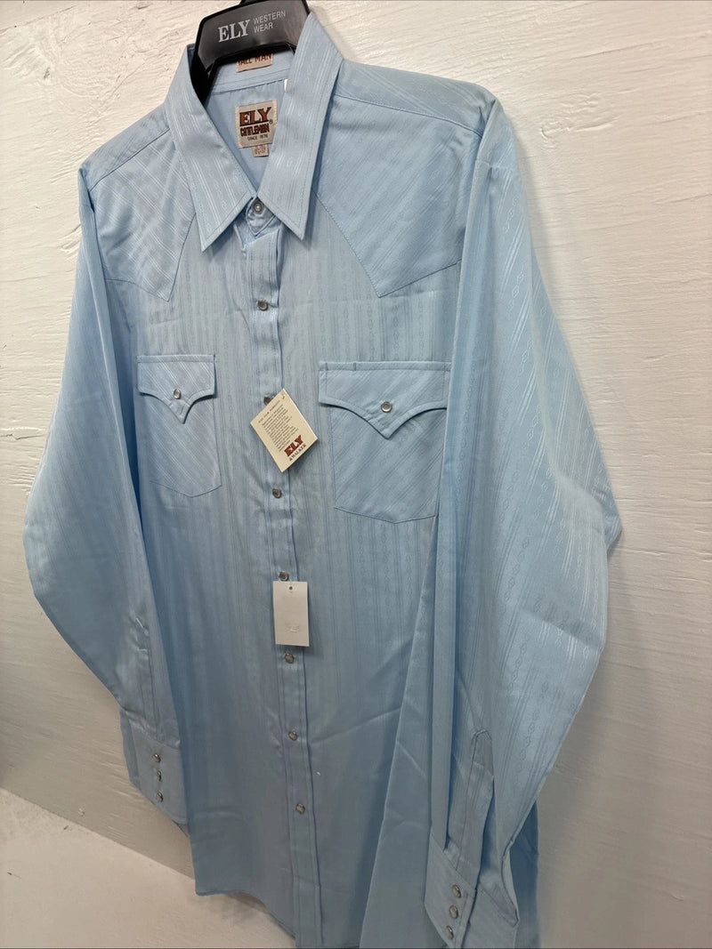 New Men’s ELY Cattleman Blue Stripe Design Long Sleeve Pearl Snap 17.5 XL O-37