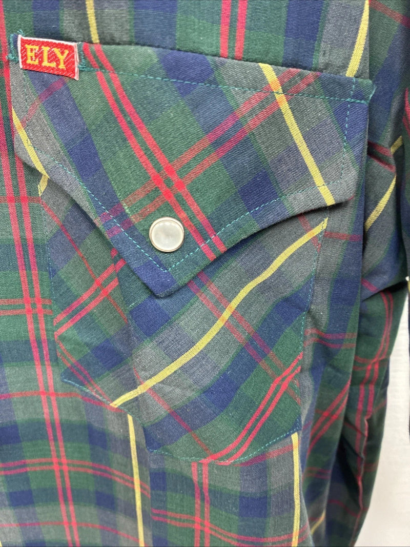 New Men’s ELY Plains Green Multicolor Plaid Long Sleeve Pearl Snap Large M-39