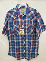New Men’s ELY Cattleman Blue Plaid Short Sleeve Pearl Snap Medium AA-116 