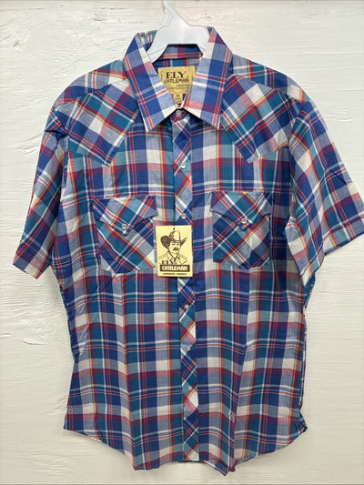 New Men’s ELY Cattleman Blue Plaid Short Sleeve Pearl Snap Medium AA-116