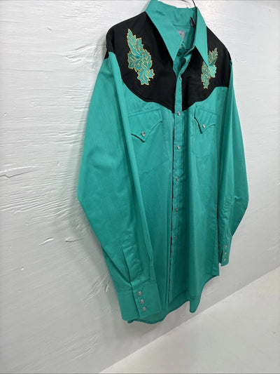 New Men’s ELY Diamond Teal Black Embroidered Long Sleeve Pearl Snap Medium K-32