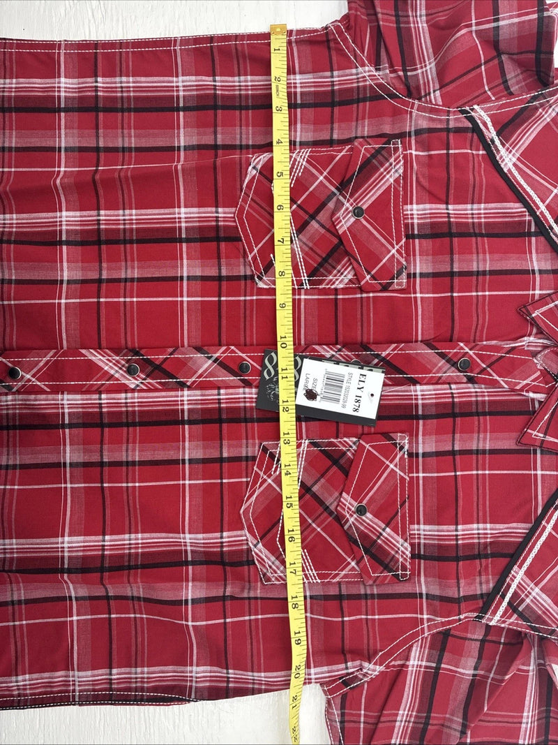New Men’s ELY 1878 Red Black Plaid Short Sleeve Pearl Snap Large V-112