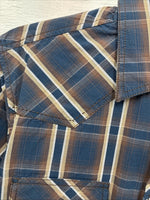 New Men’s ELY 1878 Blue Brown Plaid Long Sleeve Pearl Snap Medium J-89