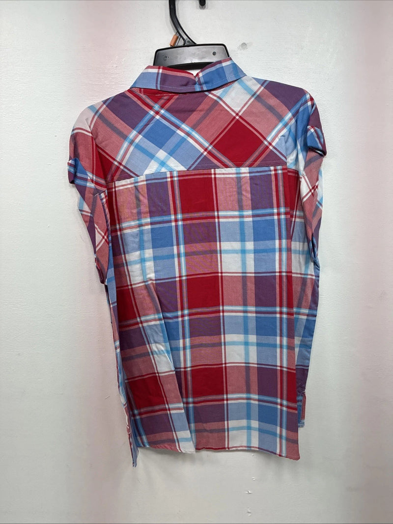 New Women’s Cumberland Red Blue Plaid short Sleeve Button Up Medium LL-51