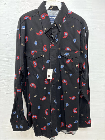New Men’s Wrangler Black Designed Long Sleeve Button Up 16.5 Large Q-76