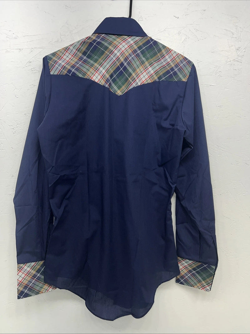 New Men’s Western Short Works Blue Long Sleeve Pearl Snap 14.5 X 33 Small A-197