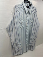 New Men’s White Horse Blue Striped Long Sleeve Pearl Snap 2XL H-45