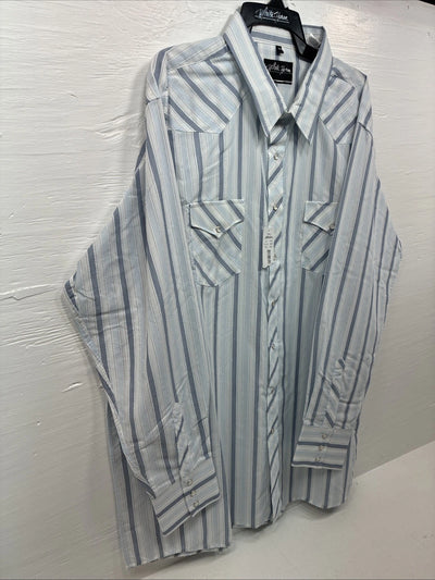 New Men’s White Horse Blue Striped Long Sleeve Pearl Snap 2XL H-45