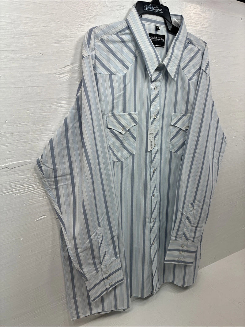 New Men’s White Horse Blue Striped Long Sleeve Pearl Snap 2XL H-45