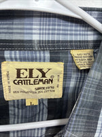 New Men’s ELY Cattleman Gray Blue Plaid Long Sleeve Pearl Snap Large Q-54