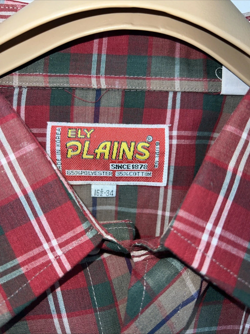 New Men’s Red Plaid ELY Plains Long Sleeve Pearl Snap Shirt. 16.5x34 L S-11