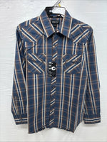 New Men’s ELY 1878 Blue Brown Plaid Long Sleeve Pearl Snap Large Q-32