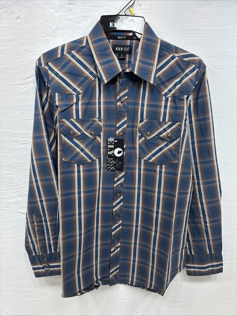 New Men’s ELY 1878 Blue Brown Plaid Long Sleeve Pearl Snap Large Q-32