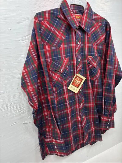 New Men’s ELY Plains Red Blue Plaid Long Sleeve Pearl Snap 16 Large Q-22