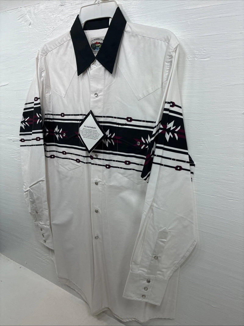 New Men’s Cumberland White Purple design Long Sleeve Pearl Snap Large AA-57