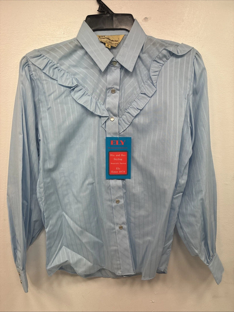 New Women’s ELY Champion Blue Long Sleeve Pearl Snap Medium KK-39