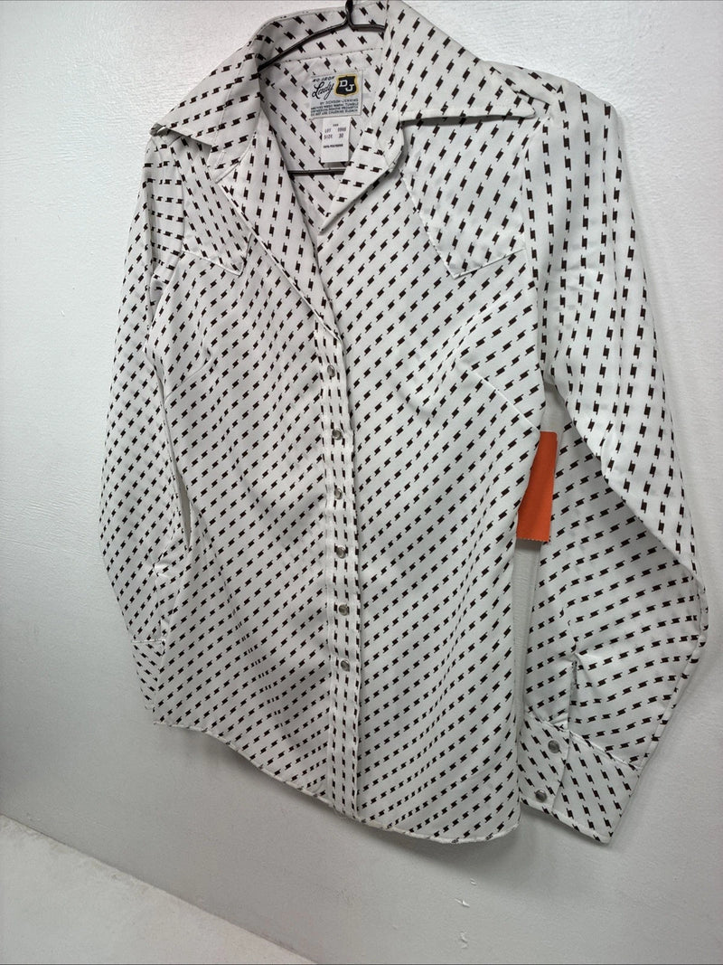 New Women’s Dickson Jenkins White Brown Long Sleeve Pearl Snap Size 30 KK-94