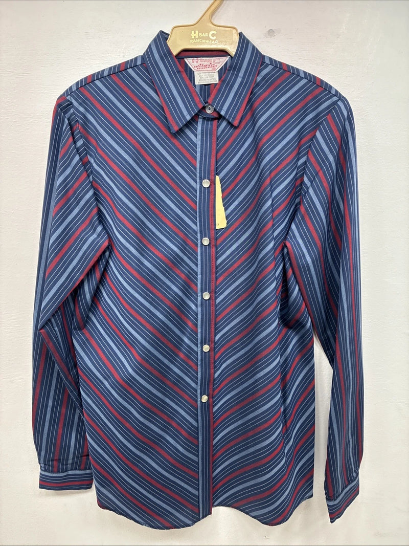 New Women’s H Bar C Blue Red Stripe Long Sleeve Pearl Snap Size 36 II-17