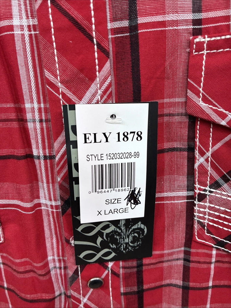 New Men’s ELY 1878 Red Plaid Short Sleeve Pearl Snap XL M-48