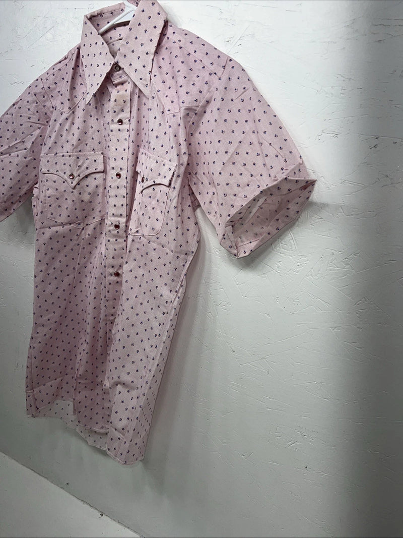 New Men’s Pink Permanent Press Short Sleeve Pearl Snap Shirt Medium P-24